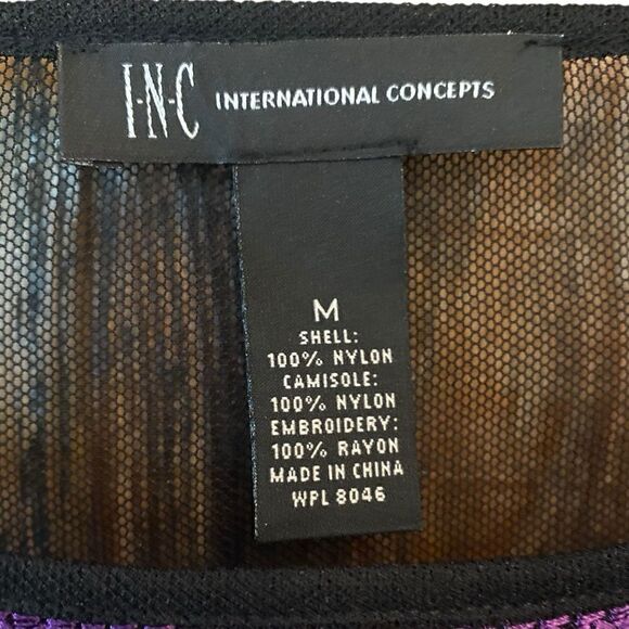 INC Sz M Black Purple Heavy Embroidered Front Design Sheer Overlay Tank Top - Picture 6 of 7